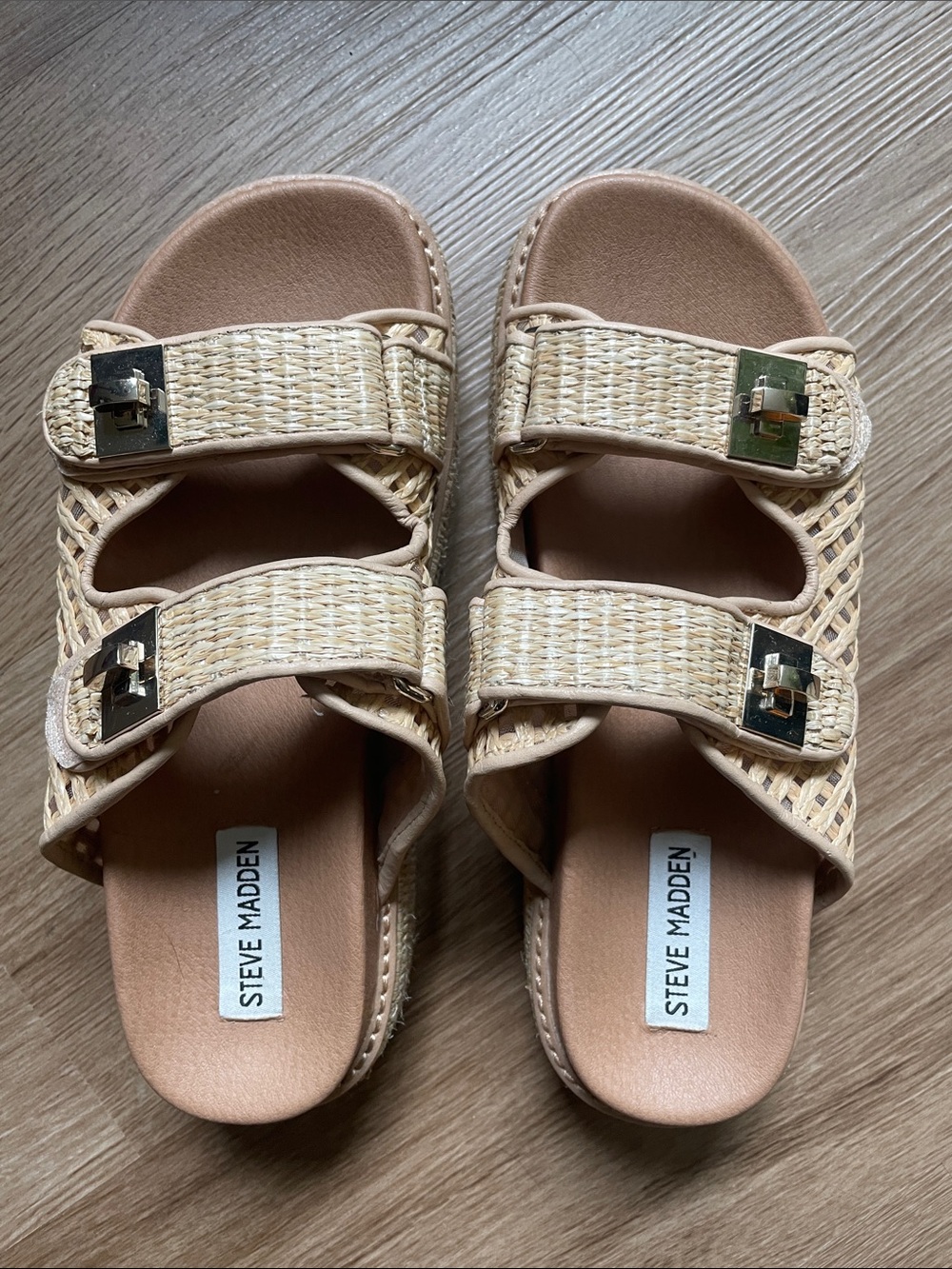 Steve Madden Natural Woven Double Strap Slide Sandals